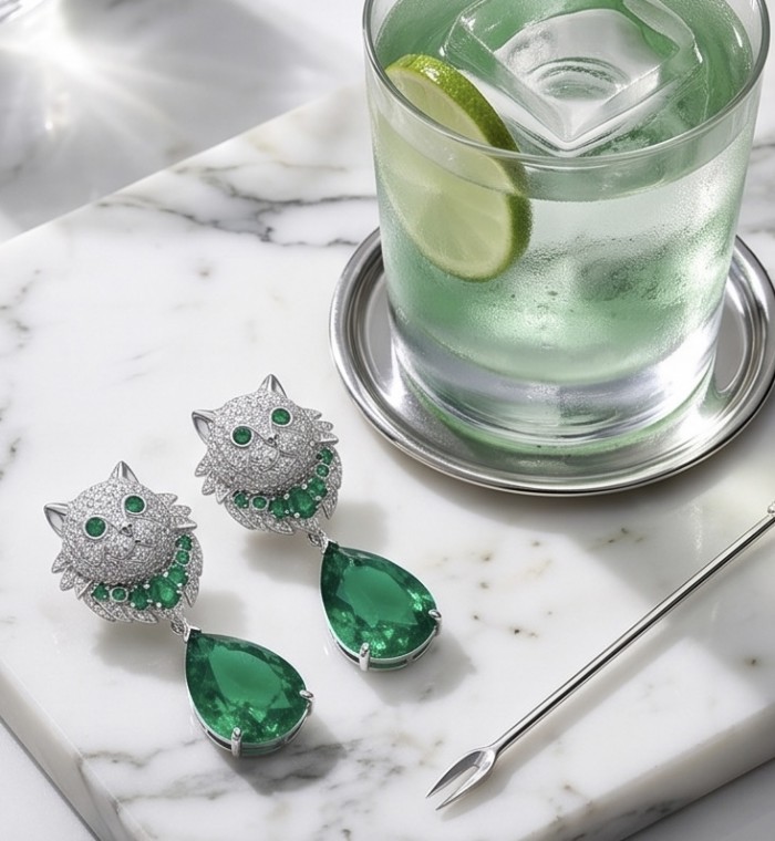 Elegant luxurious Cat 14.7 carat Colombian Emerald rhodium over .925 Sterling Silver handcrafted Statement earrings - Emerald cat earrings with cocktail and lime on marble surface.