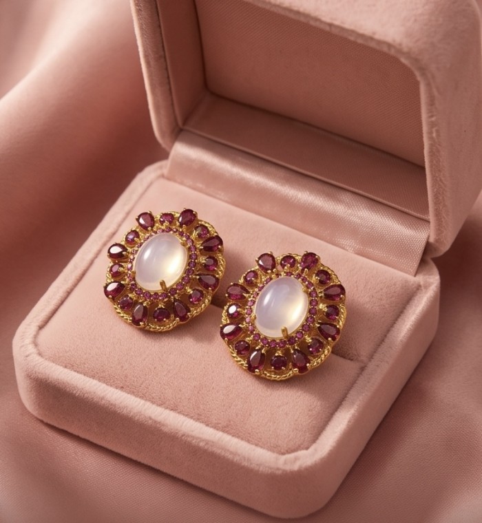Ramona - Top quality 28.2 carat Brazilian Rose Quartz .925 Sterling Silver dipped in 18K Gold Handcrafted earrings - Elegant rose quartz earrings in a pink velvet box, top view.