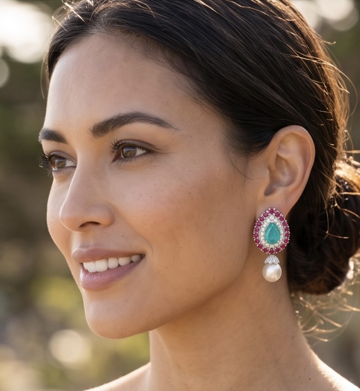 Classic Vintage Beauty - 10.5 carat Colombian Emerald 4.2 Ruby .925 Sterling Silver dipped in Rhodium handcrafted earrings - Woman wearing an emerald and pearl earring, side view.
