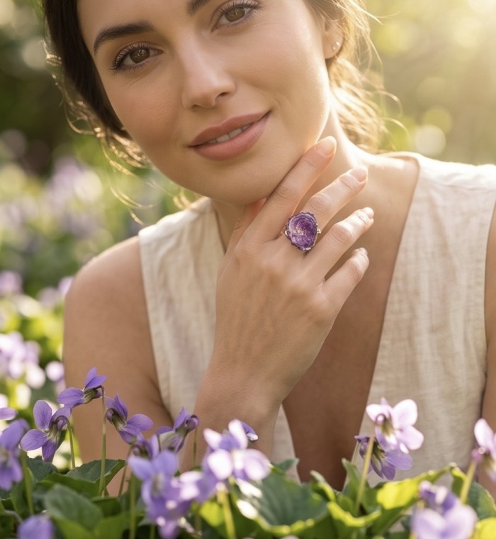 Carved Flower 15.5 carat natural Amethyst .925 Sterling Silver Handcrafted Ring size 8 1/4 - Amethyst ring worn on hand among purple flowers in garden setting