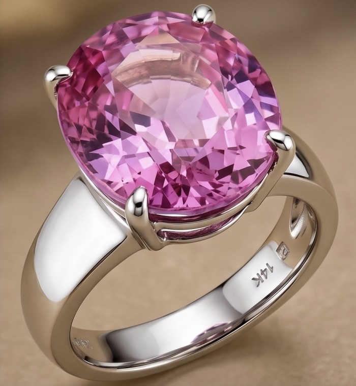 Anastasia 15.8 carat Pink Sapphire .925 Sterling Silver dipped in Rhodium Handcrafted Statement Ring size 6 3/4 - Close-up of Anastasia 15.8 ct pink sapphire ring in sterling silver dip.