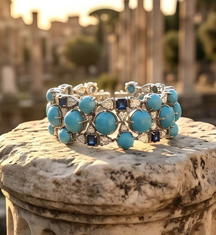 Pacifica - 47.2 carat Turquoise 4.8 carat Sapphire .925 Sterling Silver handmade Statement Bracelet - Bracelet with turquoise and sapphire on stone, side angle, soft lighting.