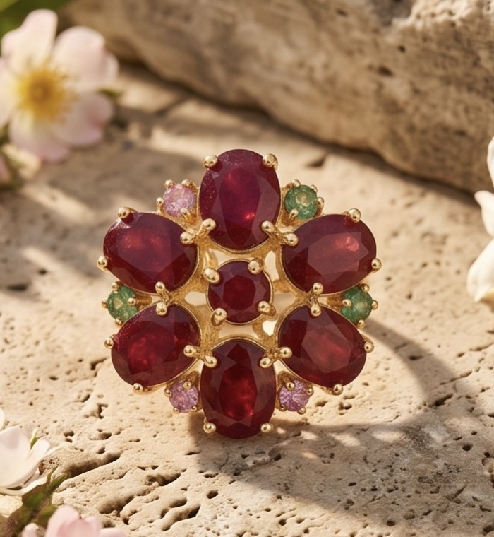 Blooming Garden Genuine 24.5 carat Kashmir Ruby .925 Sterling Silver dipped in 22K Gold Large Statement Ring size 7 1/4 - Top view of Blooming Garden ring with Kashmir ruby and gemstones.