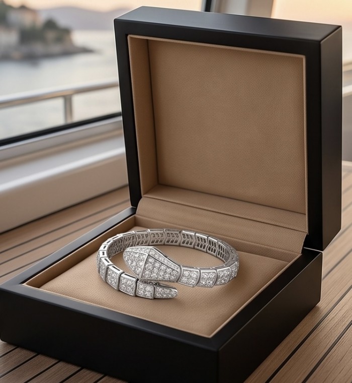 SERPENTINE Precious Snake Genuine 11.2 Moissanite RHODIUM OVER .925 Sterling Silver handcrafted Bracelet - Elegant snake bracelet in open box, showcasing full design.