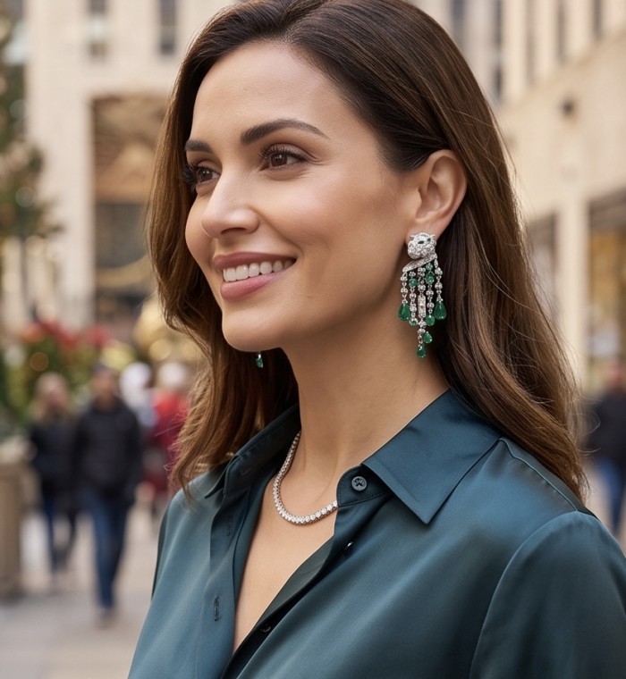 Cheetah 5.9 carat Emerald Moissanite .925 Sterling Silver .925 Sterling Silver handcrafted Statement earrings - Woman wearing Cheetah Emerald Moissanite earrings, side view.