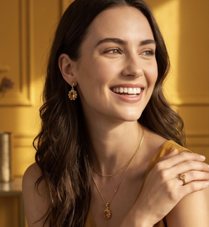 Giovanna - Authentic 4.4 carat Brazilian Citrine .925 Sterling Silver dipped in 22K Gold handcrafted earrings - Woman wearing Giovanna citrine jewelry set against a yellow background.
