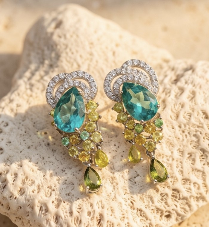 Real Treasure 9.5 carat Aquamarine rhodium over .925 Sterling Silver Handcrafted Earrings - Close-up of aquamarine earrings with jewels on textured surface