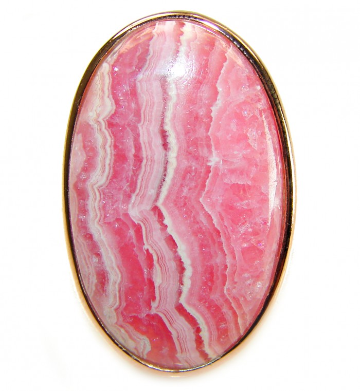 Top quality Argentinian Rhodochrosite 14K Gold over .925 Sterling Silver handmade LARGE ring size 8 adjustable - Close-up of Argentinian Rhodochrosite set in 14K Gold over sterling silver