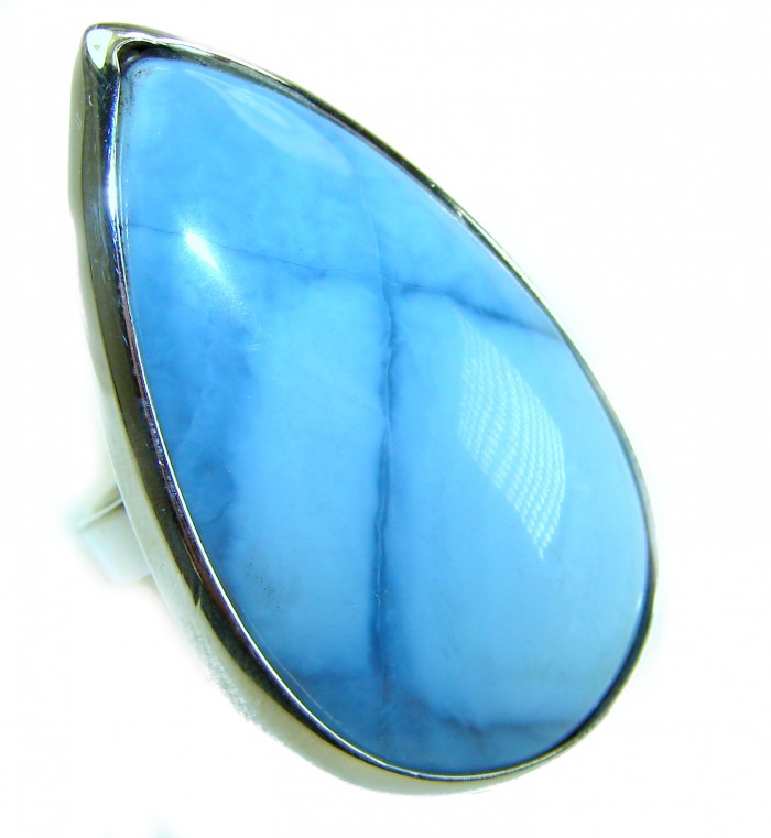 Rare and Spectacular 48.9 carat authentic Andean (Peruvian) Blue Opal .925 Sterling Silver Handcrafted Ring size 7 - Close-up of 48.9 carat Andean blue stone in a silver setting.