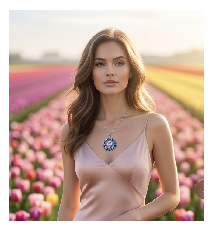 Marvelous Natural 20.8 carat Pink Topaz London Blue Topaz .925 Sterling Silver Handcrafted pendant - Woman wearing pink and blue topaz necklace in tulip field.