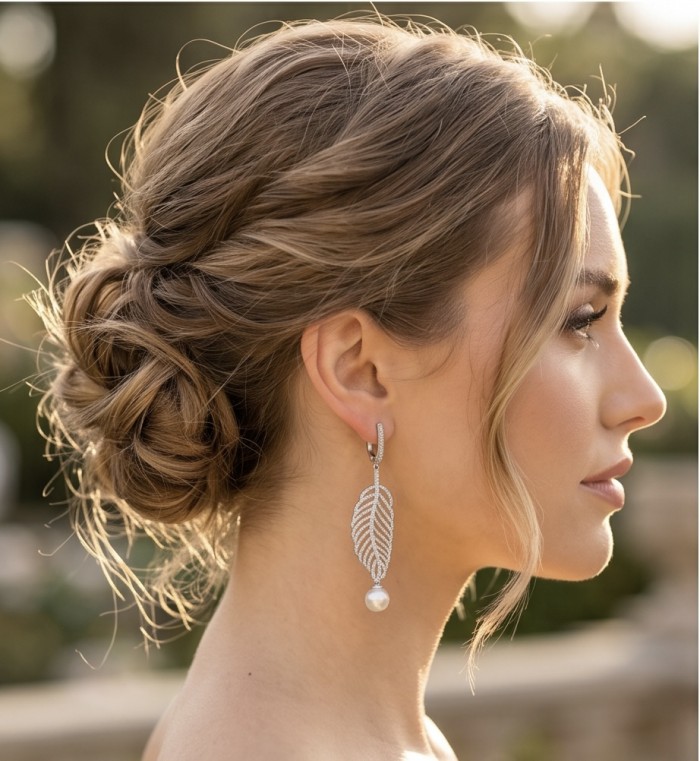BLOOMING BEAUTY Genuine Pearl 0.2 CARAT lab grown Diamond rhodium over .925 Sterling Silver handcrafted Statement Earrings - Side view of BLOOMING BEAUTY earring with pearl and diamond leaf design
