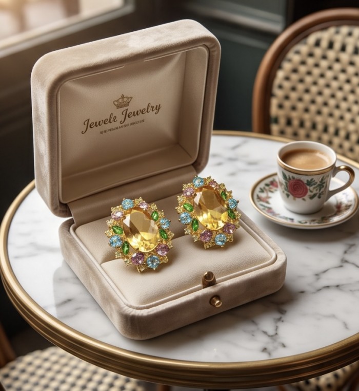 Victoria Authentic 18.5 carat Brazilian Citrine .925 Sterling Silver brilliantly dipped in 22K Gold handcrafted Statement earrings - Citrine earrings presentation in box with coffee cup on marble table