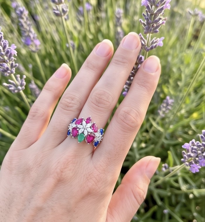 Valentina Genuine Ruby Emerald Sapphire rhodium over .925 Sterling Silver handcrafted Statement Ring size 8 - Ring with rubies, emerald, sapphires worn on hand in lavender field.