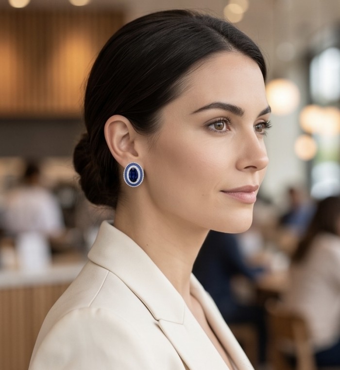 Art Deco - Incredible genuine 10.5 CARAT Sapphire .925 Sterling Silver handcrafted Earrings - Profile view of Art Deco sapphire earrings worn on woman