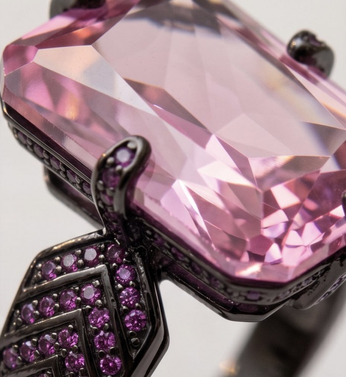 Anastasia 20.2 carat Pink Sapphire black rhodium over .925 Sterling Silver Handcrafted Statement Ring size 6 adjustable - Close-up of Anastasia 20.2 carat pink sapphire with black rhodium.