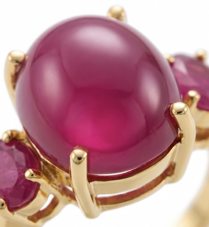 Giuseppina - Magnificent 10.7 carat authentic Ruby 22K Gold over .925 Sterling Silver handcrafted Statement Ring size 6 - Ruby stone close-up in 22K gold setting, Giuseppina jewelry piece.