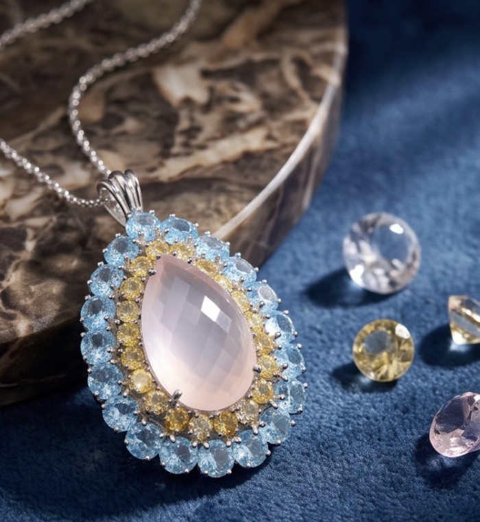 Scarlett 55.8 carat Brazilian Rose Quartz rhodium over .925 Sterling Silver handcrafted Statement Pendant - Pendant close-up of Scarlett 55.8 ct Brazilian Rose Quartz and blue stones.