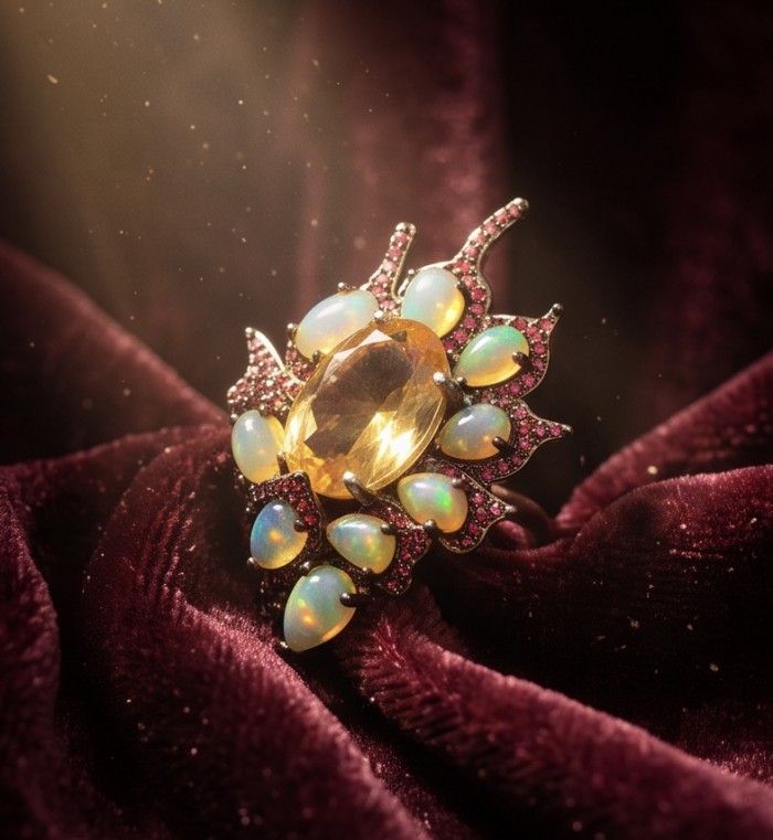 Giovanna 9.2 carat Brazilian Citrine 5.2 carat Australian Fire Opal .925 Sterling Silver dipped in rhodium handcrafted ring; s. 7 1/4 - Close-up of Giovanna ring with citrine and opal stones on velvet background.