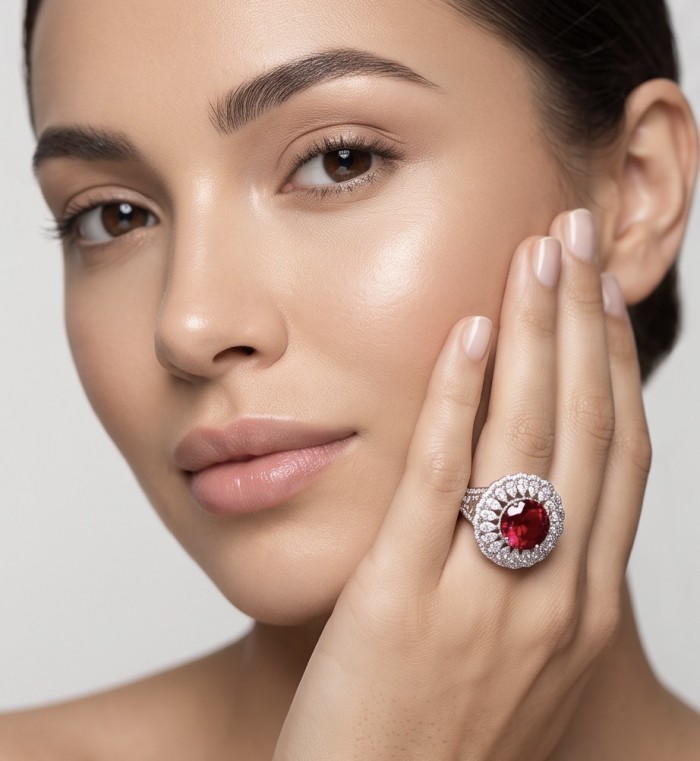 Scarlett 27.4 ctw oval cut Mozambique Ruby .925 Sterling Silver handcrafted Statement Ring size 7 - Ruby ring worn on hand, highlighting the oval Mozambique stone.
