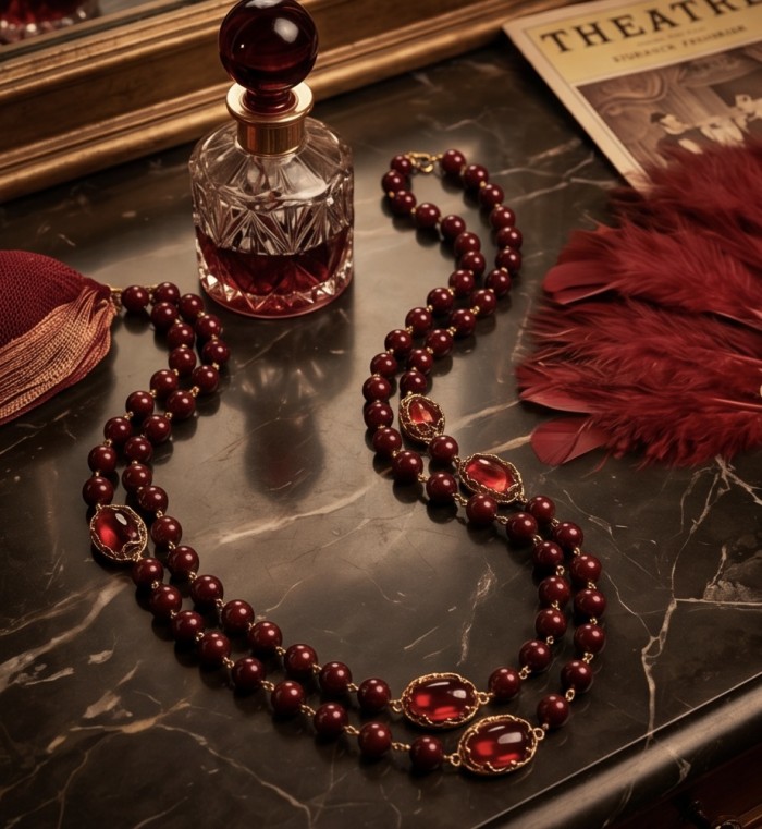 Incredible 48 inches long Red Topaz 10K Gold over .925 Sterling Silver handmade Necklace - Elegant red topaz necklace, 48" long, displayed on a marble surface.