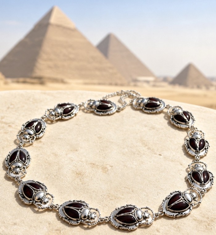 Unique creation - The Egyptian Scarab Beetles natural Baltic Amber .925 Sterling Silver entirely handcrafted necklace - Necklace with scarab design; pyramids in background; top view.