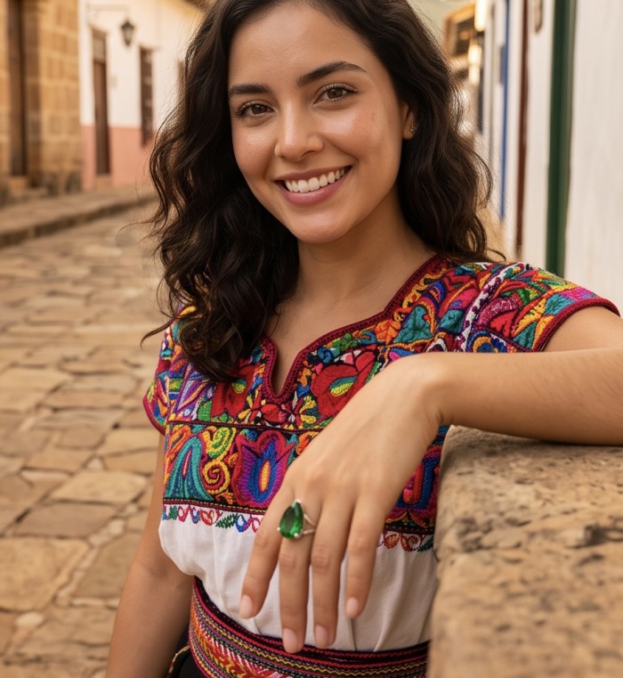 Very Rare! Exotic Beauty pearl cut 29.5 carat Helenite .925 Sterling Silver handmade Ring s. 6 - Helenite ring worn on hand, colorful embroidered dress in background