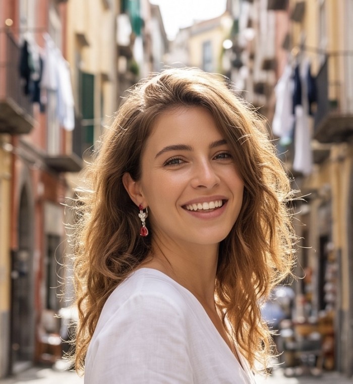 Giovanna - Magnificent Jewel 4.2 carat Ruby .925 Sterling Silver handcrafted incredible Statement earrings - Woman wearing Ruby .925 Sterling Earrings, side view.