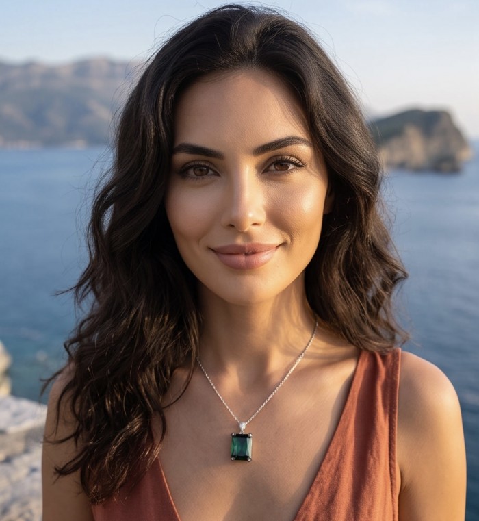 Tiffany - Authentic 29.5 CARAT Chrome Diopside .925 Sterling Silver handcrafted necklace - Woman wearing Tiffany chrome diopside necklace by the sea.