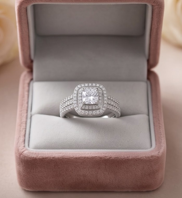 Real Beauty - 5.5 carat White Topaz .925 Sterling Silver Handcrafted Statement Ring size 7 1/2 - Elegant white topaz ring in a pink box, front view.
