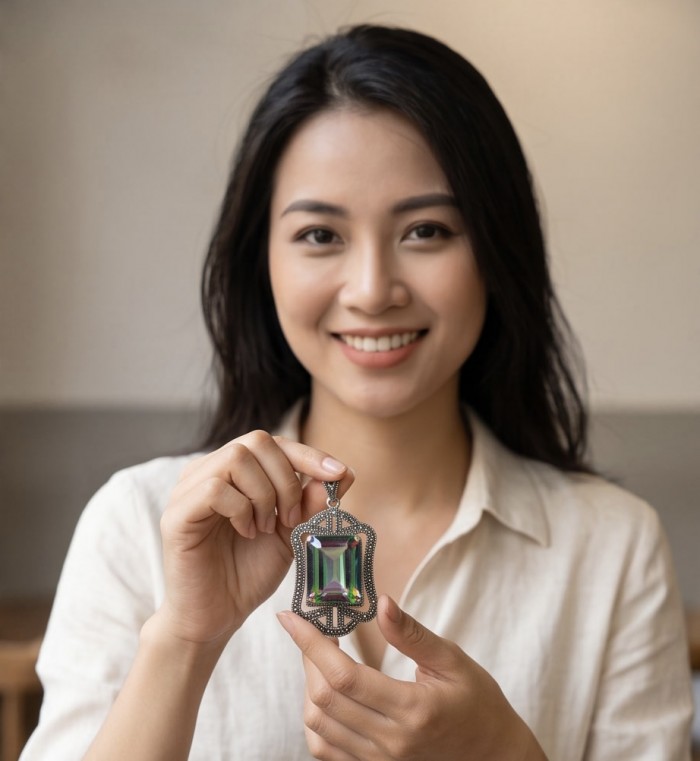 Spectacular 14.2 cut Mystic Topaz Marcasite .925 Sterling Silver handcrafted Pendant - Woman holding Mystic Topaz pendant, front view close-up.