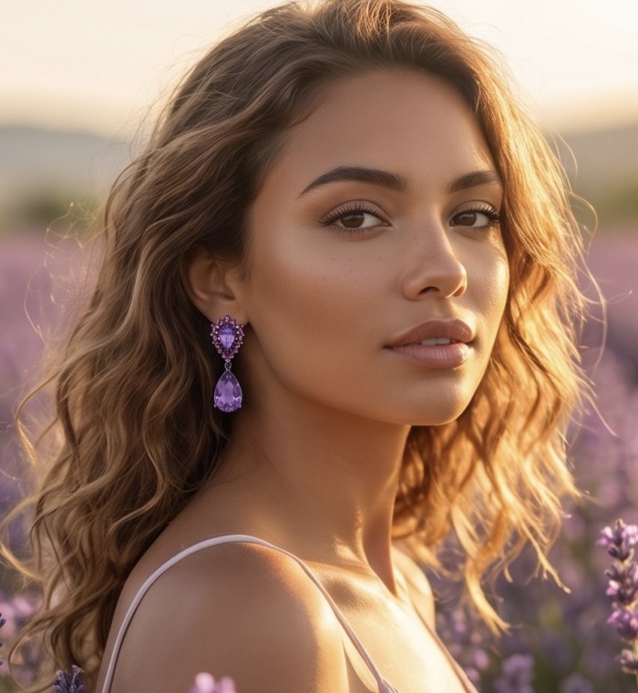 Natural 10.6 carat fancy pear cut Amethyst black rhodium over .925 Sterling Silver handmade earrings - Side view of woman wearing Amethyst drop earrings in a lavender field.