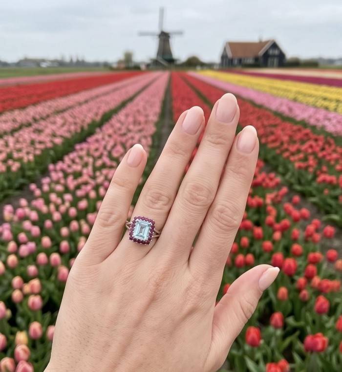 Atlantica 5.8 carat Swiss Blue Topaz .925 Sterling Silver dipped in rhodium handcrafted ring size 8 - Hand wearing Atlantica 5.8 carat Swiss Blue Topaz ring in tulip field.