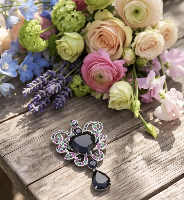 Marie Antoinette's Style 33.8 grams natural Black Onyx .925 Sterling Silver dipped in Rhodium handmade LARGE Pendant - Brooch - Black Onyx pendant with colorful accents on rustic wood with flowers.