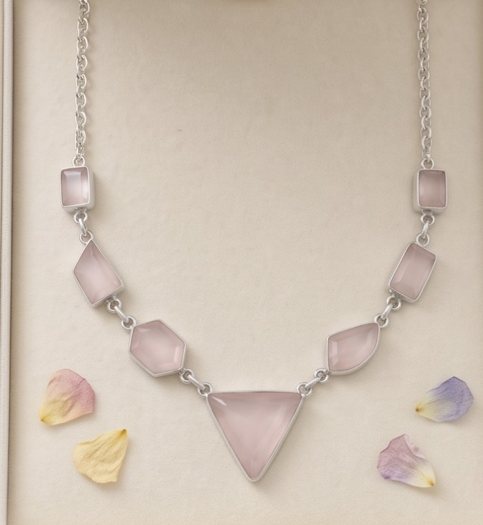 Moonlight Serenade authentic 32.5 carat Brazilian Rose Quartz rhodium over .925 Sterling Silver handcrafted necklace - Moonlight Serenade necklace with rose quartz stones, front view.