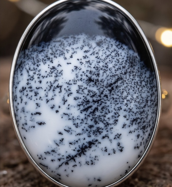 LARGE Top Quality Dendritic Agate .925 Sterling Silver handcrafted Ring s. 7 adjustable - Close-up of LARGE dendritic agate in .925 sterling silver setting.