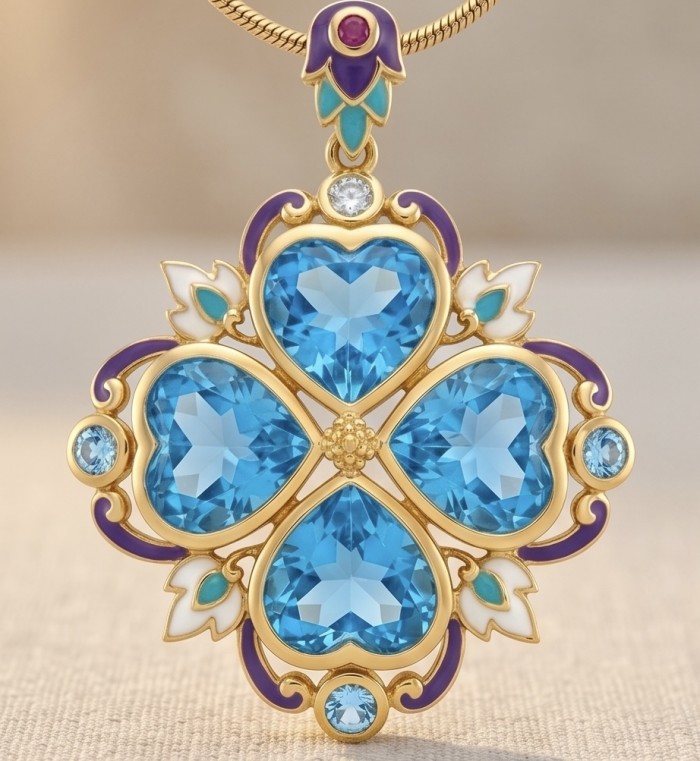 Countless Blessings Genuine 28.5 carat Authentic Swiss Blue Topaz real enamel 22K Gold over .925 Sterling Silver handmade Pendant - Close-up of Countless Blessings pendant with blue heart-shaped stones.