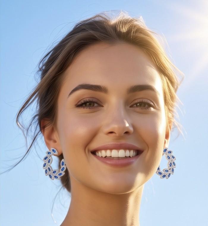 Art Deco - Incredible genuine 4.5 CARAT Sapphire .925 Sterling Silver handcrafted Earrings - Close-up of hoop earrings worn, showcasing 4.5 carat sapphires.