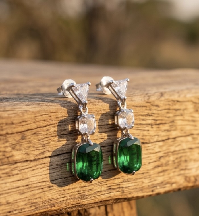 Giovanna- Authentic 8.5 CARAT natural Colombian Emerald .925 Sterling Silver handcrafted Statement earrings - Close-up of dangling emerald earrings on wooden surface.