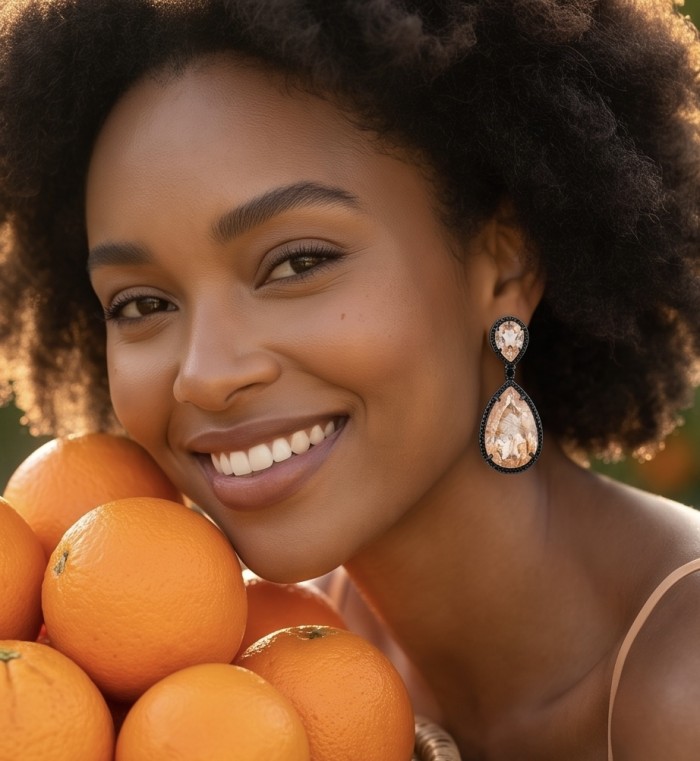 Jasmine 14.9 carat authentic Morganite Quartz .925 Sterling Silver dipped in black rhodium Handcrafted Statement Earrings - Model wearing Jasmine Morganite Quartz earrings, close-up with oranges.