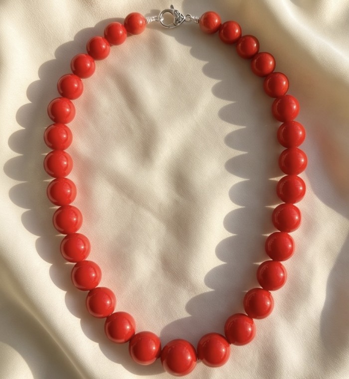 Konstancia Sublime natural Red Fossilized Coral Sterling Silver handmade Necklace - Red fossilized coral necklace on creamy fabric, showing entire strand.