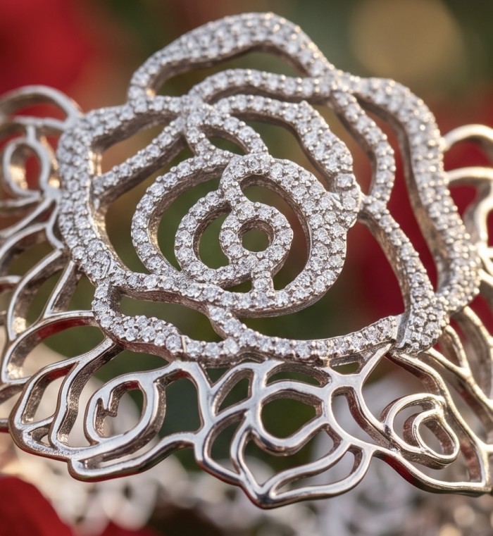 Dolce Vita - Precious Natural 12.5 carat pave White Topaz rhodium over .925 Sterling Silver handcrafted bracelet - Close-up of rose-shaped, pave white topaz Dolce Vita jewelry detail