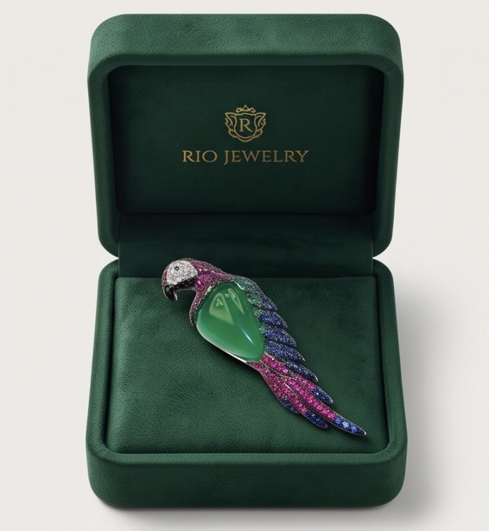 Vibrance & Joy - exotic Parrot - Genuine 22.4 carat Jade from New Zealand .925 Sterling Silver dipped in rhodium handmade Pendant - Brooch - Parrot brooch in green box, top view, 22.4 carat jade centerpiece