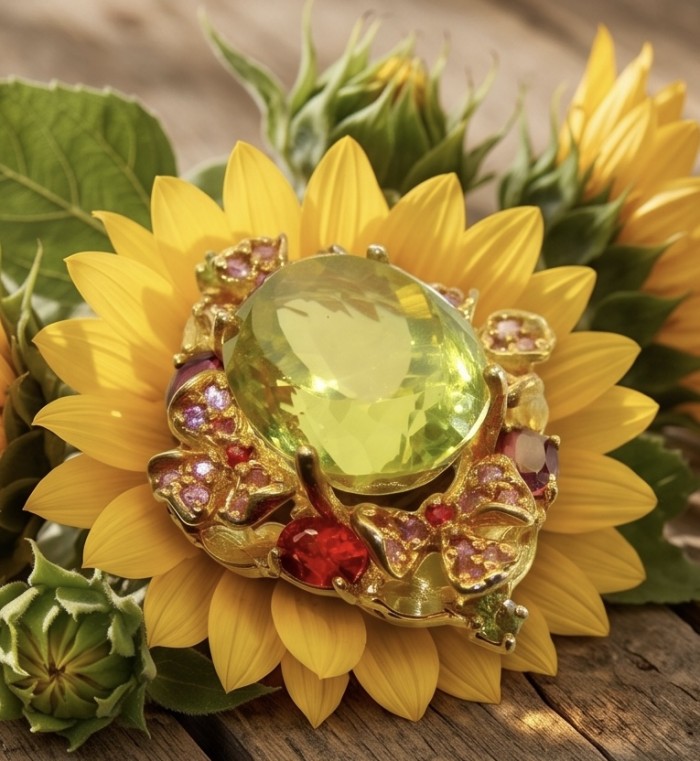 Costa del Sol 33.8 carat Genuine Lemon Quartz 22K Gold over .925 Sterling Silver handcrafted ring size 7 1/4 - Close-up of Costa del Sol lemon quartz brooch on sunflower background