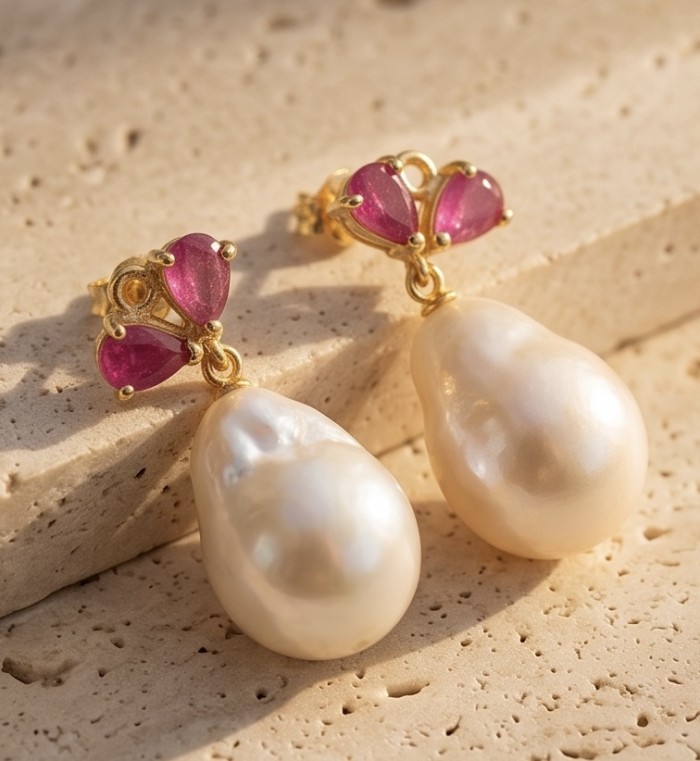 Baroque style Precious natural Mother of Pearl 18K Gold over .925 Sterling Silver handcrafted earrings - Baroque pearl earrings with pink stones, close-up on a textured surface.