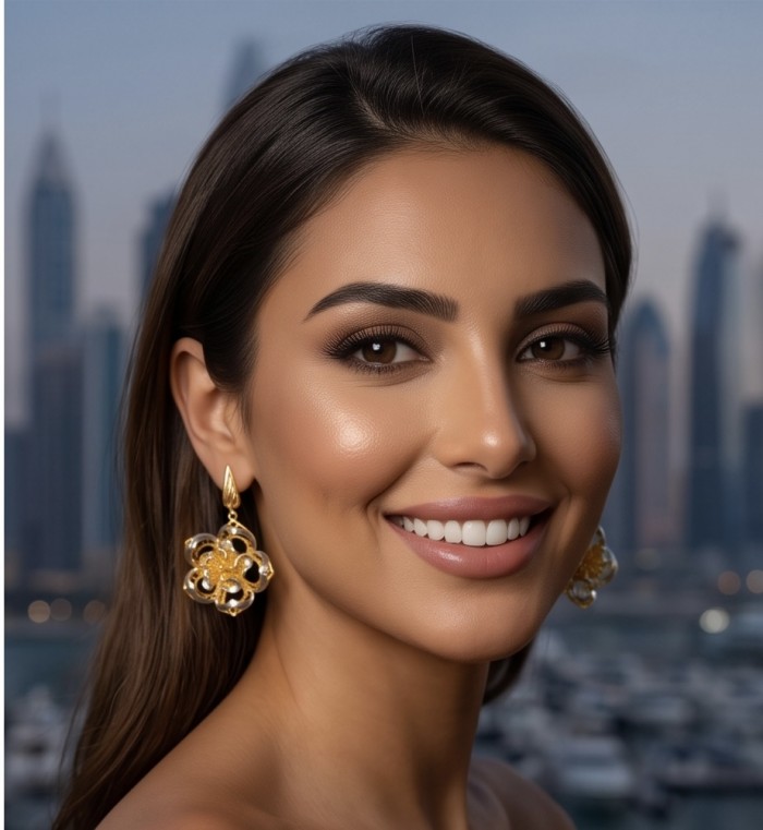 Golden Roses Dubai Style - .925 Sterling Silver dipped in 22K Gold handmade Earrings - Woman wearing Golden Roses earrings against cityscape background.
