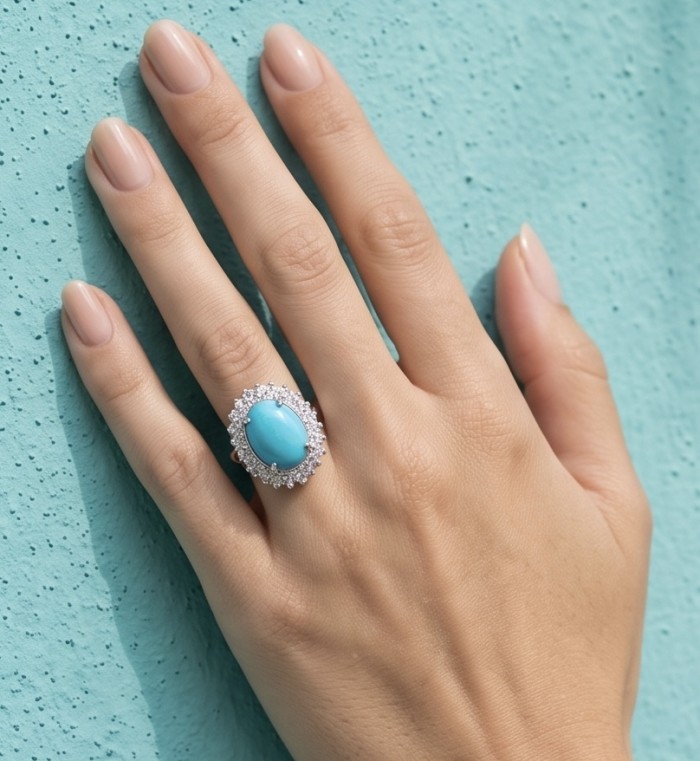 Authentic Sleeping Beauty Turquoise RHODIUM over .925 Sterling Silver handcrafted Statement Ring size 6 - Turquoise ring worn on hand against turquoise background.