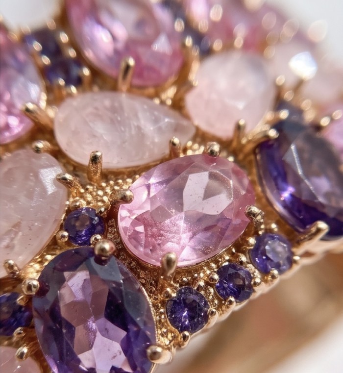 Luxurious 45.4 carat Pink Sapphire 1.8 carat Tanzanite 8.2 carat Rose Quartz 22K real ROSE Gold over .925 Sterling Silver handcrafted Bracelet - Close-up of pink sapphire and tanzanite gemstone cluster