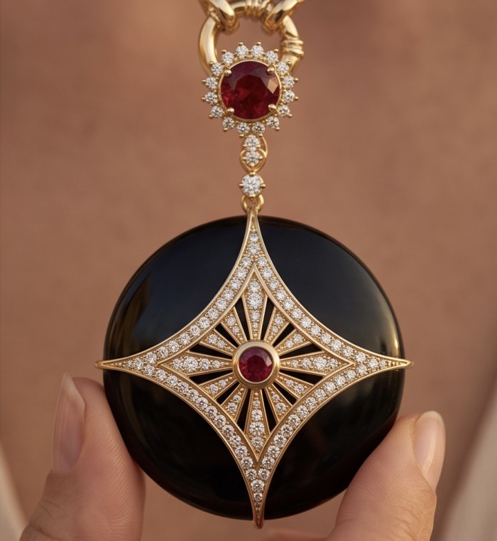 Celtic Cross Authentic Onyx 25.2 Carat Ruby .925 Sterling Silver dipped in 14K Gold handcrafted necklace - Close-up of Celtic Cross Onyx pendant with ruby and diamond details.