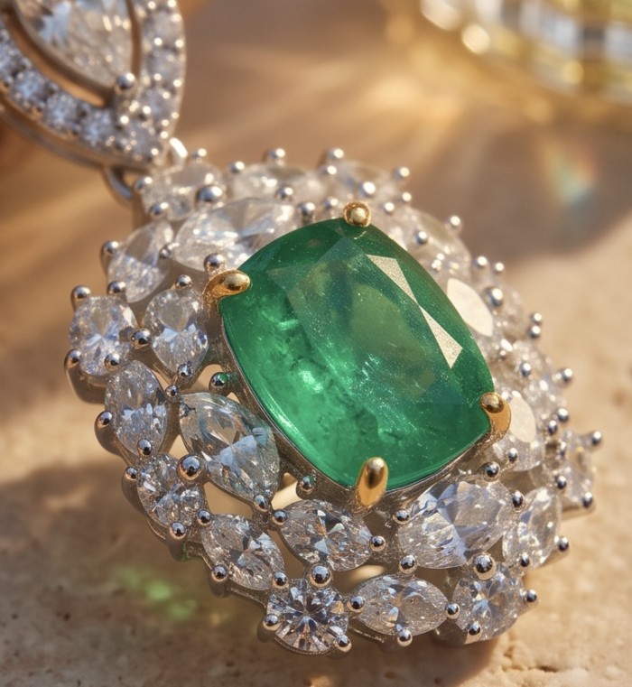 Victoria 4.8 carat Colombian Emerald 5.2 carat Moissanite .925 Sterling Silver dipped in rhodium 2 tones handmade Statement Earrings - Close-up of emerald and moissanite pendant with intricate detailing