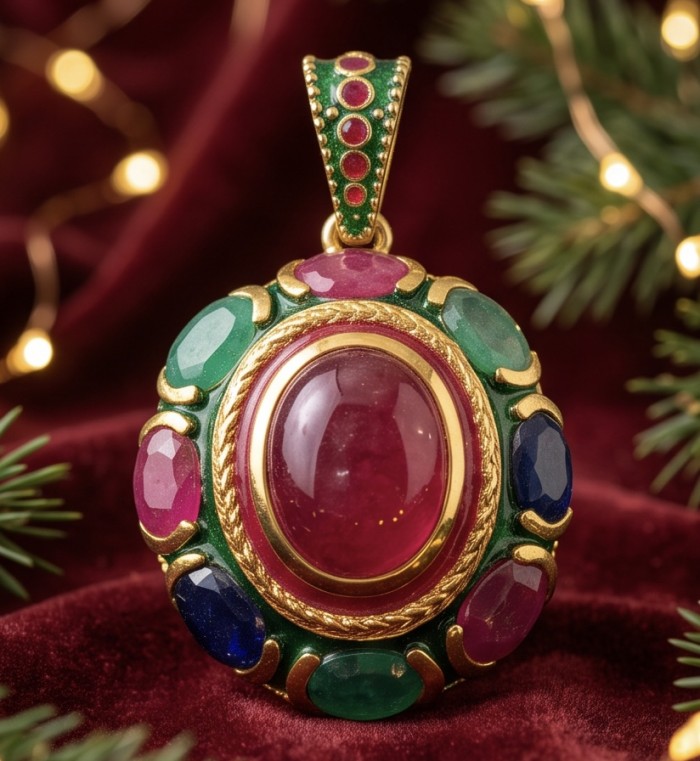 Giovanna 20.5 carat Emerald Ruby Sapphire 22k Gold over .925 Sterling Silver handcrafted Pendant - Close-up of a jeweled pendant on velvet, festive background